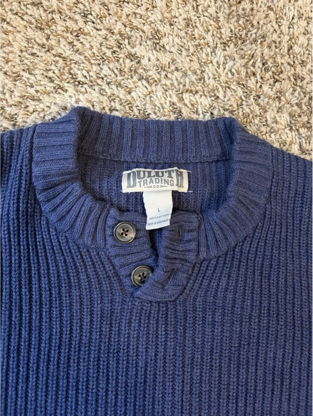 Duluth Trading Men’s Size Large Blue Knit Fisherman Sweater Cotton Henley Button
